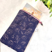 Pink Peonies on Navy -  Zippered Book Sleeve